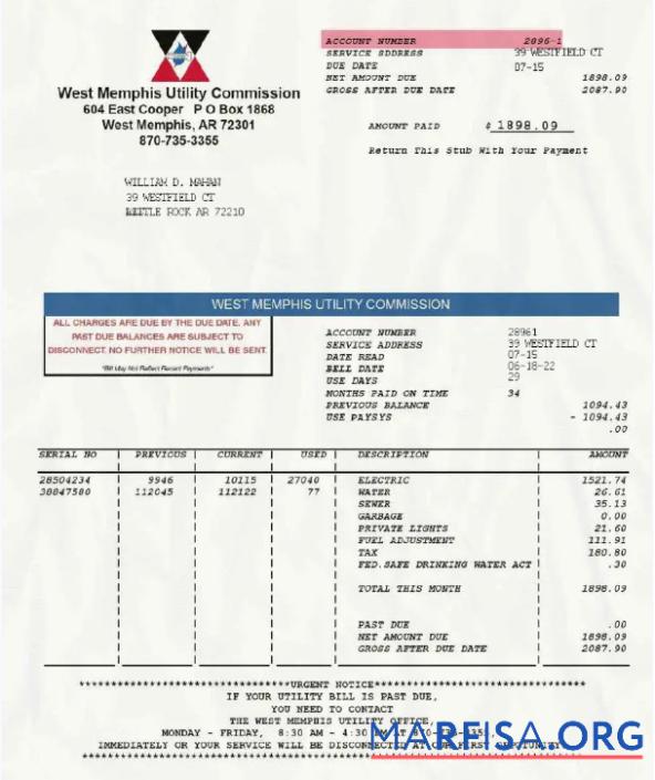 Realistic USA WEST MEMPHIS UTILITY COMMISSION utility bill Word and PDF template